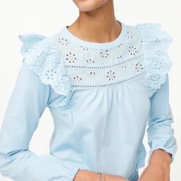 J. Crew Factory | Long-Sleeve Eyelet Ruffle Top Glazed Sky Size Small - Picture 2 of 11